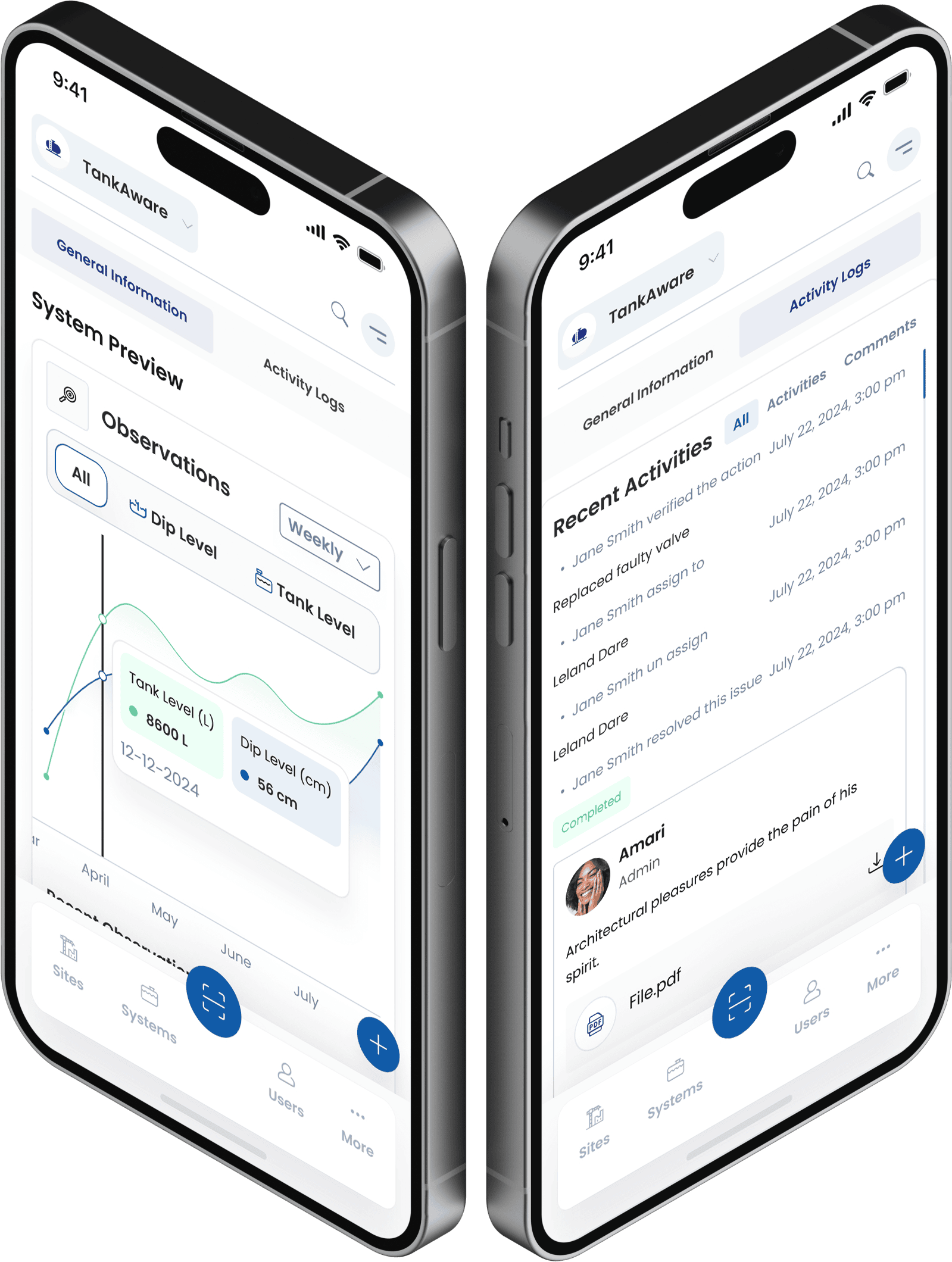 Two angled smartphone screens displaying a mobile TankAware CMMS dashboard interface with charts, activity, and navigation controls in a clean modern app design